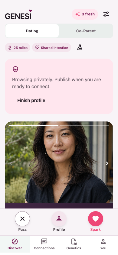 Current Genesi dating discovery prototype with a fictional member